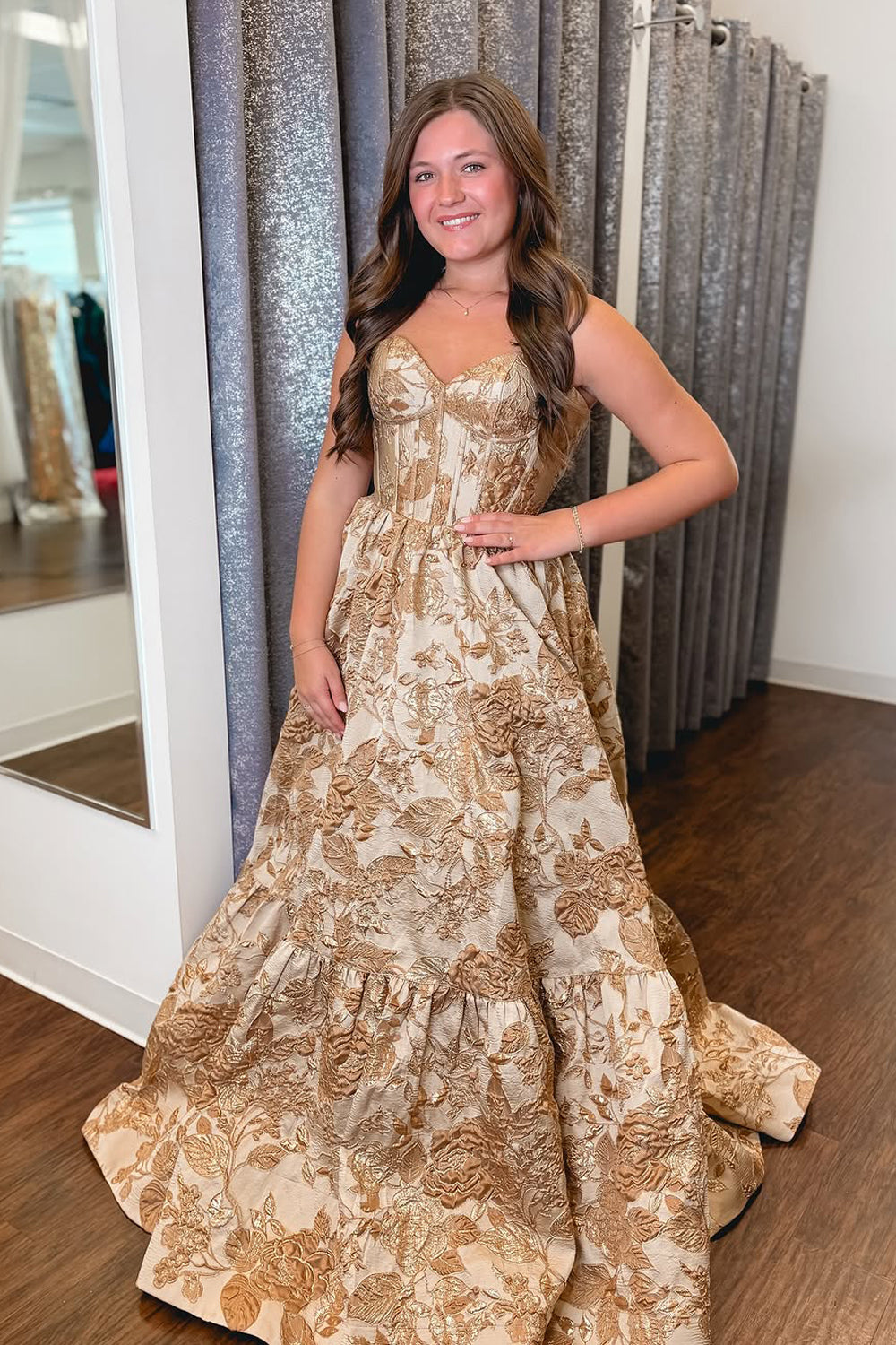 Charming A-Line Strapless Champagne Jacquard Satin Long Prom Dress VK021204