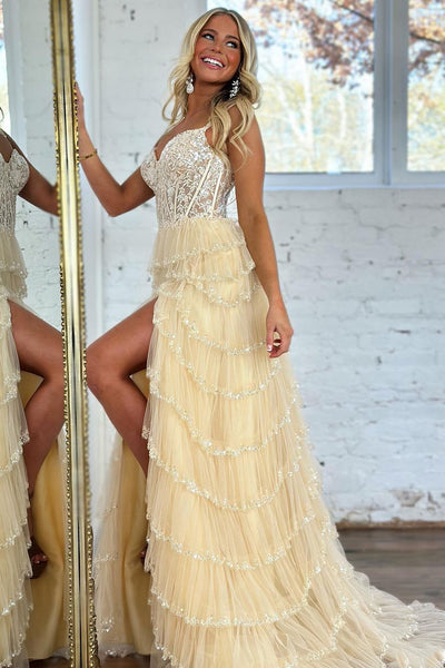 A-Line Sweetheart Champagne Tulle Prom Dresses with Appliques VK23120103