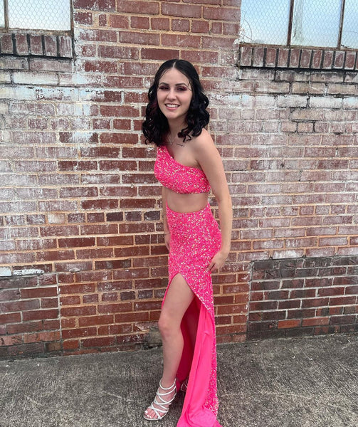 Cute Mermaid One Shoulder Coral Sequins Long Prom Dresses with Slit VK23051803