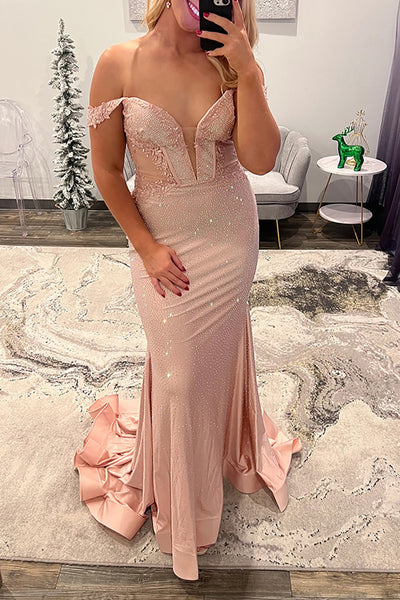 Charming Mermaid Off the Shoulder Blush Satin Beads Long Prom Dress with Appliques VK26010501