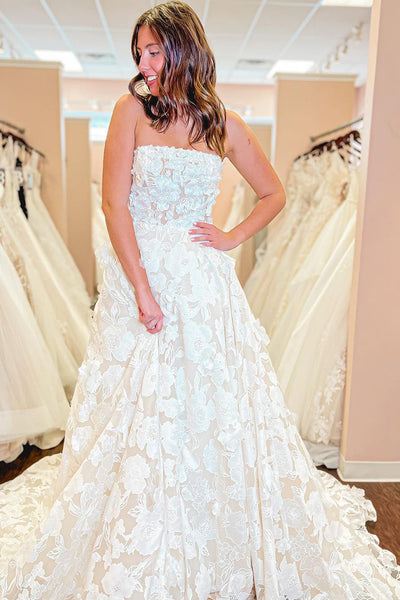 A-Line Strapless Floral Lace Wedding Dresses VK24011701