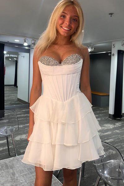 A Line Sweetheart Chiffon Tiered Homecoming Dress with Beading VK26072410
