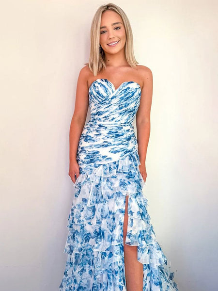 Cute Mermaid Sweetheart Floral Chiffon Tiered Prom Dress with Slit VK25012503