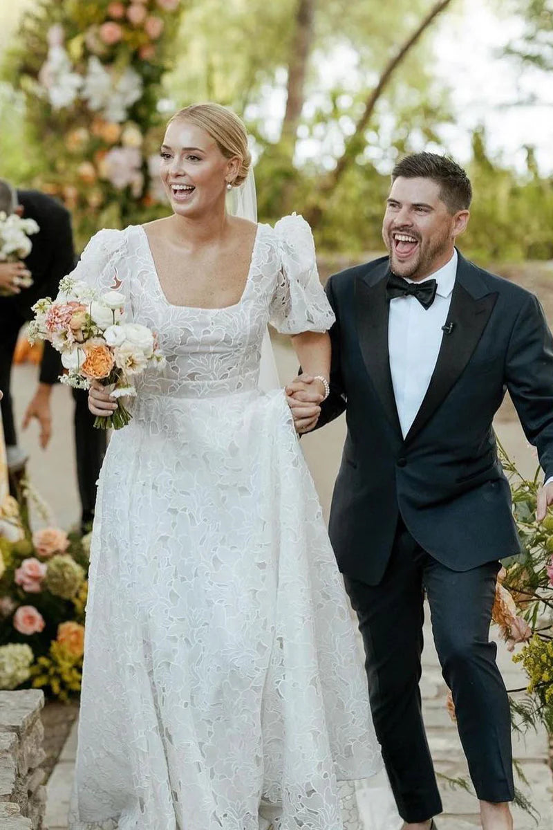 Bohemian Square Neck Chiffon Long Wedding Dresses with Ruffled Sleeves