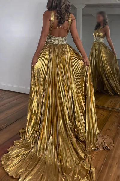 Glitter Golden A-Line Beaded Metallic Long Prom Dress with Slit VK23122005