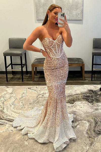 Rose Gold Sparkly Sequins Mermaid Long Prom Dress VK23101606