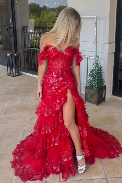 Red Off-the-Shoulder Sequined Appliques Multi-Layers Long Prom Dress with Slit VK23103007