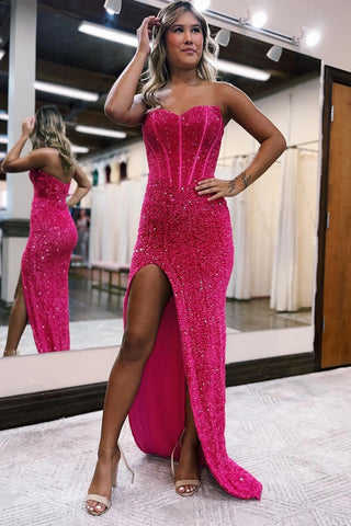 Charming Mermaid Sweetheart Hot Pink Sequins Long Prom Dresses with Slit VK23012002