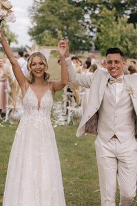 Bohemian A Line V Neck Tulle Long Wedding Dresses with Appliques VK23052602