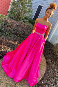 Elegant A-Line Sweetheart Hot Pink Satin Long Prom Evening Dresses with Pockets VK22022302