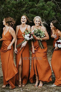 A-Line Spaghetti Straps Floor-Length Orange Chiffon Bridesmaid Dress with Split  VK0101027