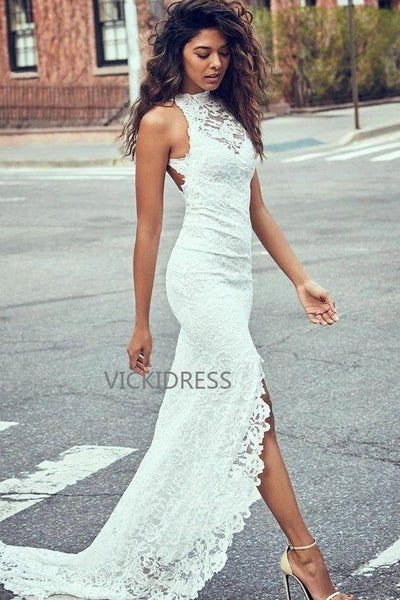 Beautiful Mermaid Round Neck Lace Wedding Dresses with Train VK0105012