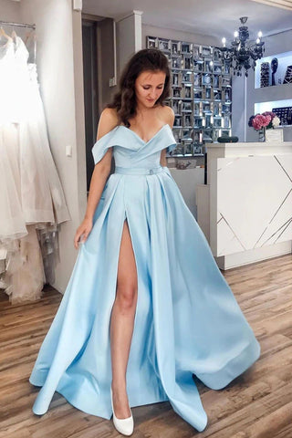 Simple off shoulder satin blue long prom dress, blue evening dress VK220302003