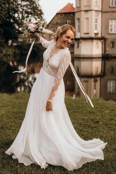 Modest Chiffon V-Neck A-line Backless Wedding Dresses Country With Long Sleeves Gowns VK0208001