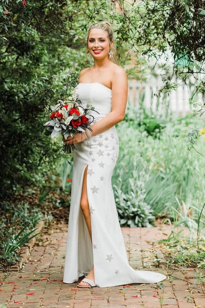 Cute Mermaid Strapless White Elastic Satin Long Prom Dresses with Beading VK23051906