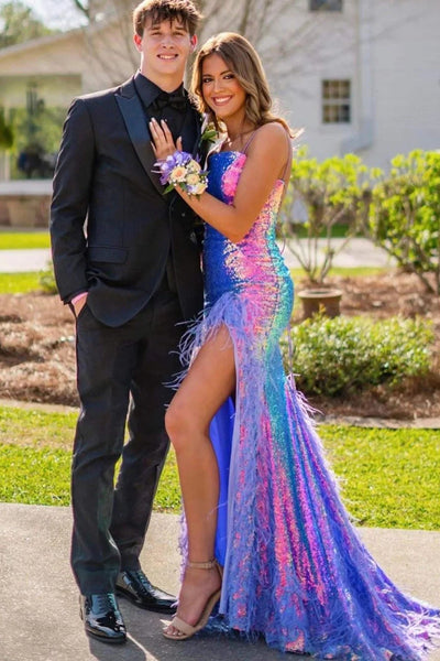 Sparkkly Mermaid Strapless Sequins Long Prom Dresses with Feather VK23051202