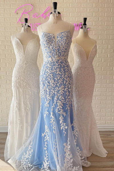 Charming Mermaid V Neck Blue Prom Dresses with Appliques VK123101