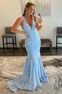 Sparkly Mermaid V Neck Sky Blue Sequins Long Prom Dresses VK22022304