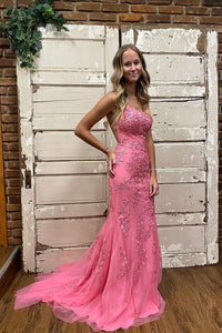 Cute Mermaid Scoop Neck Pink Tulle Long Prom Dresses with Lace Appliques VK22022401