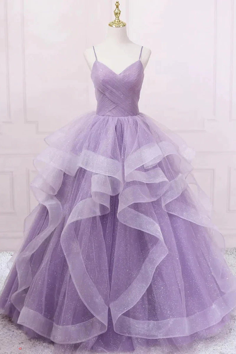 Sparkly Ball Gown V Neck Lavender Tulle Long Prom Dresses VK23050404