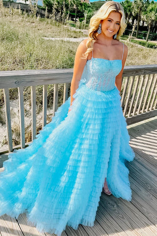 Cute A Line Sweetheart Tulle Blue Tulle Prom Dresses with Feather VK121103