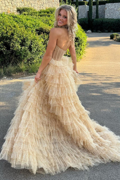Cute A Line Strapless Glitter Tulle Long Prom Dresses