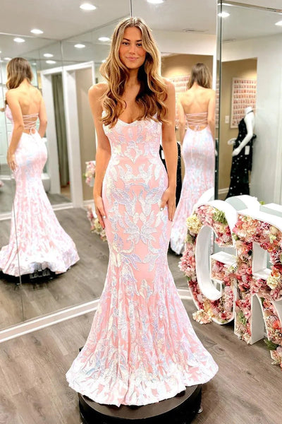 Cute Mermaid Scoop Neck Blush Pink Satin Prom Dresses with Sequins Lace VK23011401