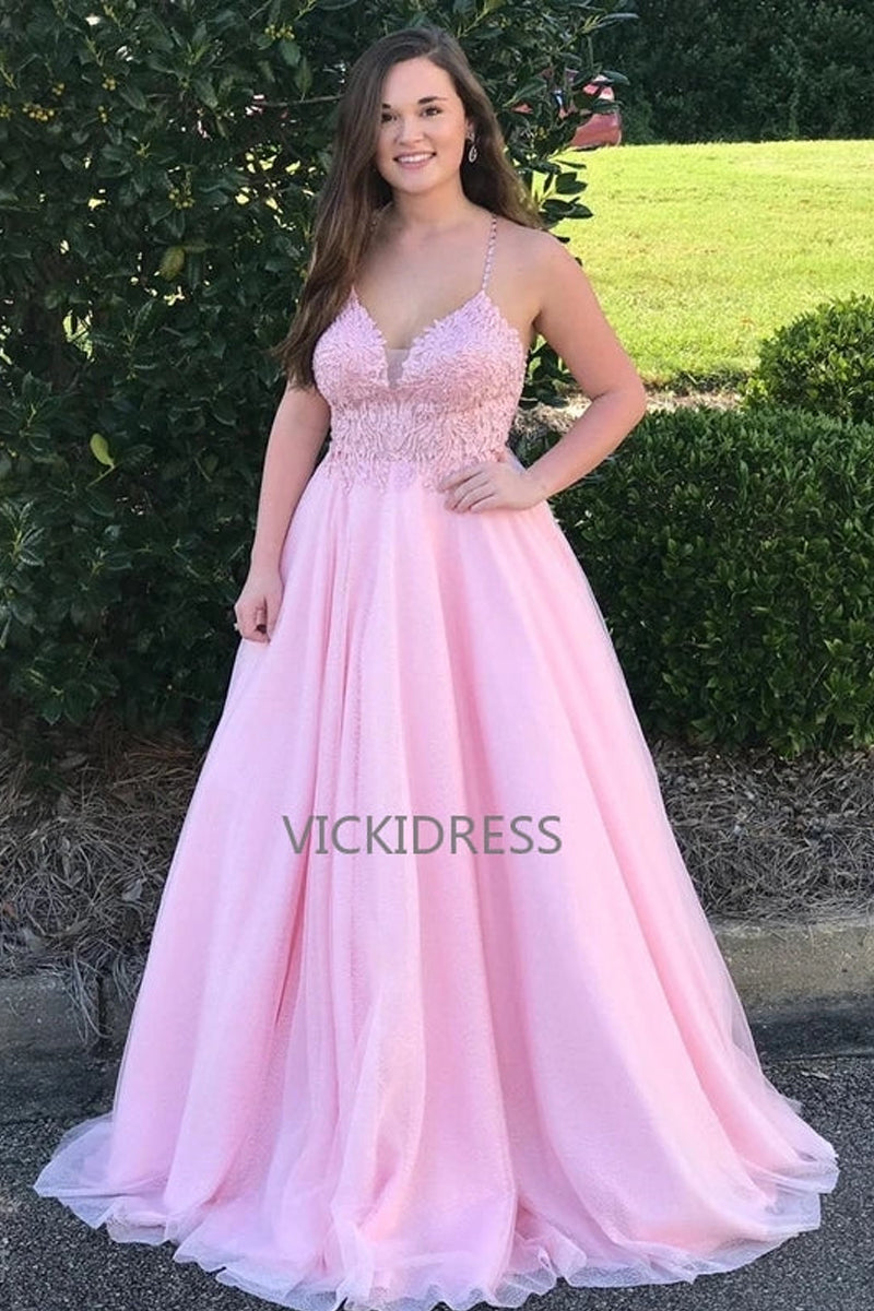 Modern Tulle Spaghetti Straps Appliques Rhinestones A-line Prom Dresses VK0112027