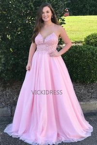 Modern Tulle Spaghetti Straps Appliques Rhinestones A-line Prom Dresses VK0112027