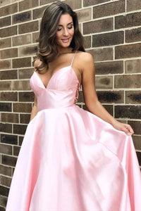 Free Shipping Simple A Line V Neck Cross Back Pink Satin Long Prom Dresses Formal Dresses Evening Dresses VK0119043