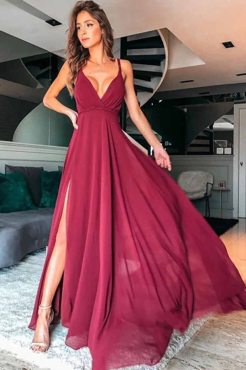 Simple A Line V Neck Burgundy Long Prom Dresses with Split, Burgundy Formal Graduation Evening Dresses VK0505004