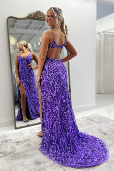 Exquisite Mermaid V Neck Purple Sequins Long Prom Dresses with Slit VK26020710