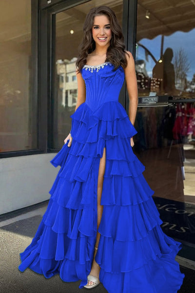 Charming A-Line Strapless Green Chiffon Tiered Long Prom Dresses with Slit VK26010602