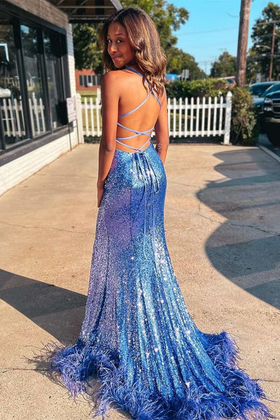 Blue Sequin Feather Lace-Up Back Mermaid Long Prom Dress with Slit VK23121204