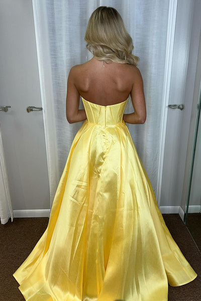 Yellow Sweetheart Satin Long A-Line Prom Dresses VK24020503