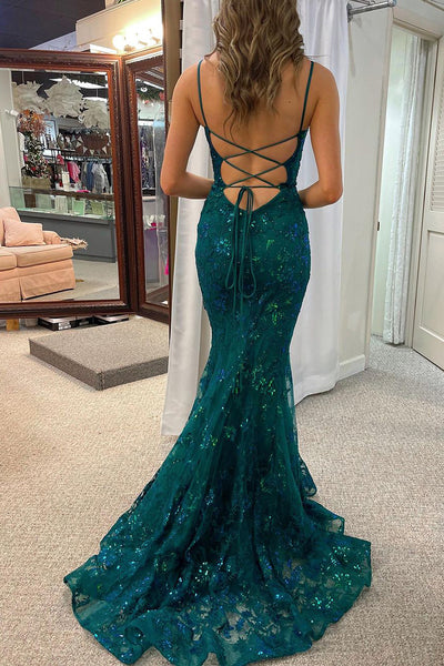 Dark Green Sequins Lace Mermaid Long Prom Dress VK24010302