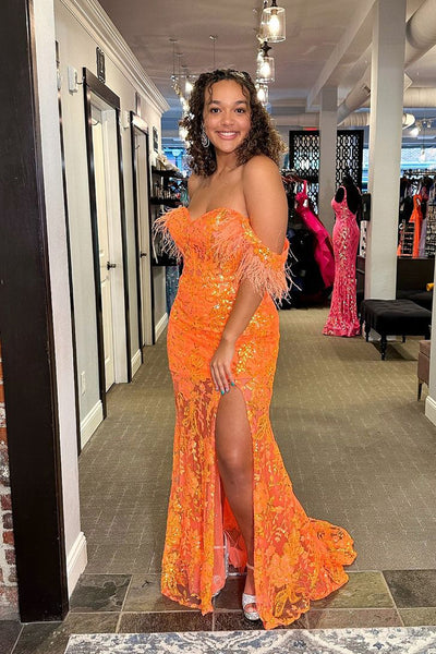 Orange Off the Shoulder Sequins Lace Mermaid Prom Dresses with Slit VK24031601