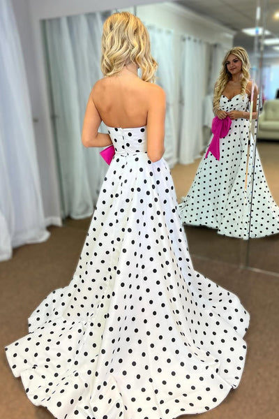 New Arrvial Sweetheart White Black Dot Satin Long Prom Dress with Bow VK25100703