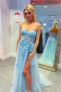 Fairly A-Line Sweetheart Blue Tulle Long Prom Dresses with Lace Appliques VK23081311
