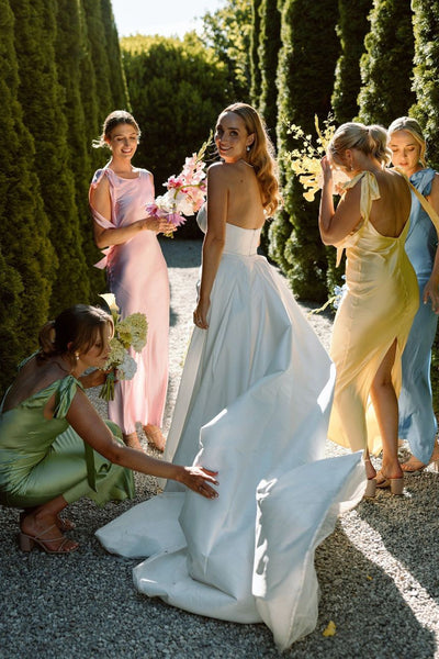 Sheath Bateau Neck Satin Ankle Length Bridesmaid Dresses with Slit VK23101507