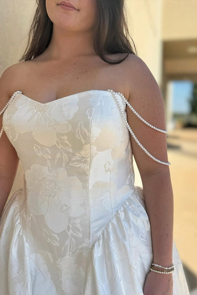 Elegant A-Line Off the Shoulder White Jacquard Satin Wedding Dresses VK25102003