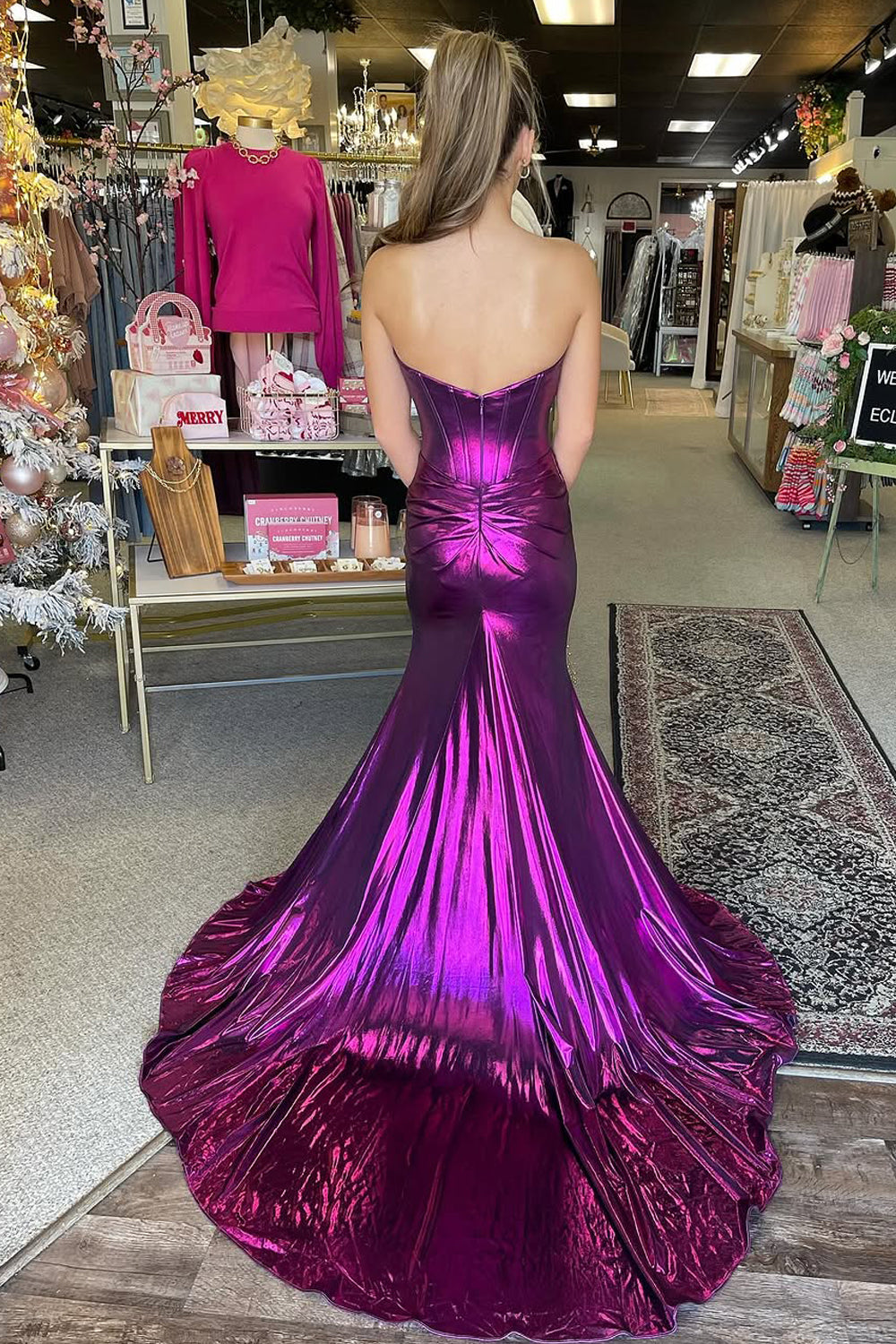 fitted lace wedding dress Purple Strapless Satin Dress With Sweetheart Neck And Leg Slit main image 0
