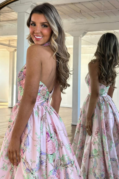 Romantic Halter V Neck Floral Print Satin Prom Dresses with Backless VK26020306