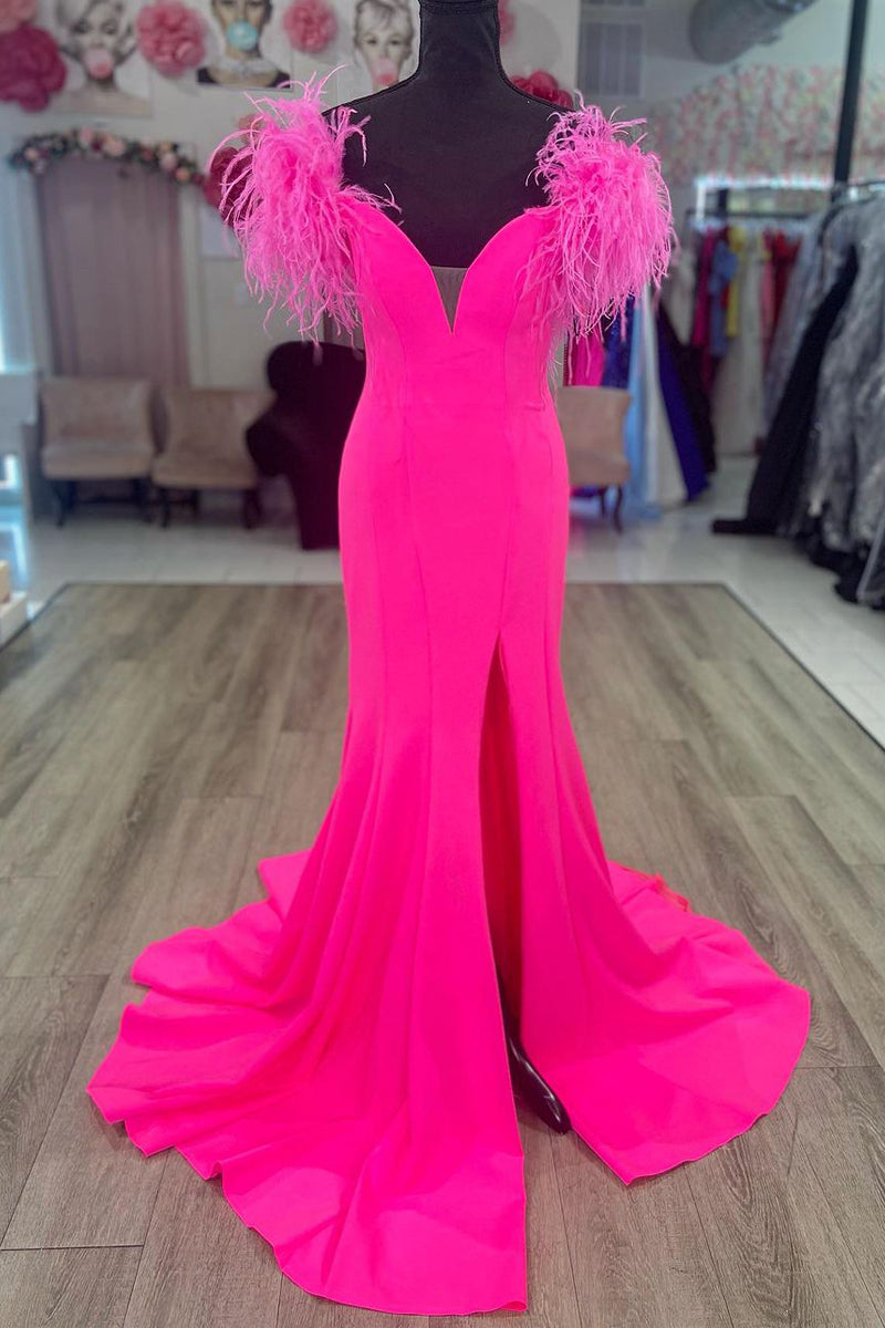 Princess Mermaid V Neck Hot Pink Satin Long Prom Evening Dresses with Further VK23080608