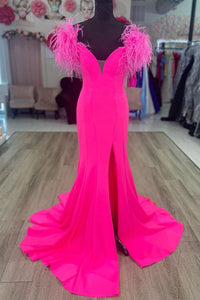 Princess Mermaid V Neck Hot Pink Satin Long Prom Evening Dresses with Further VK23080608