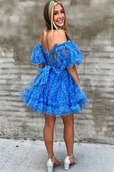 Cute A-Line Sweetheart Blue Tulle Short Homecoming Dreeses with Sleeves VK23081301
