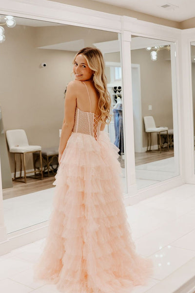 Cute A Line Straps Glitter Tiered Tulle Long Prom Dresses