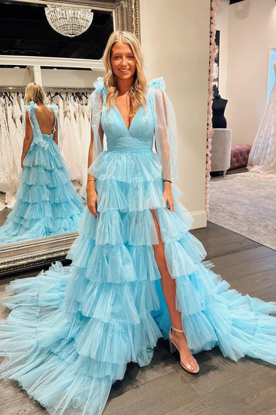 Sky Blue Ruffle Tiered Tulle V Neck Long Prom Dresses VK24021805