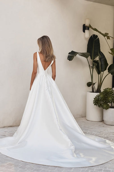 Ball Gown V Neck White Satin Wedding Dresses with Slit VK1312805
