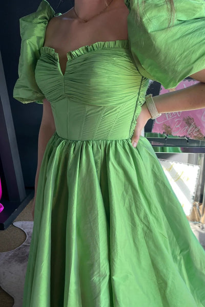 Green Ruffled Puff Sleeves Satin Long Prom Dress VK23112701